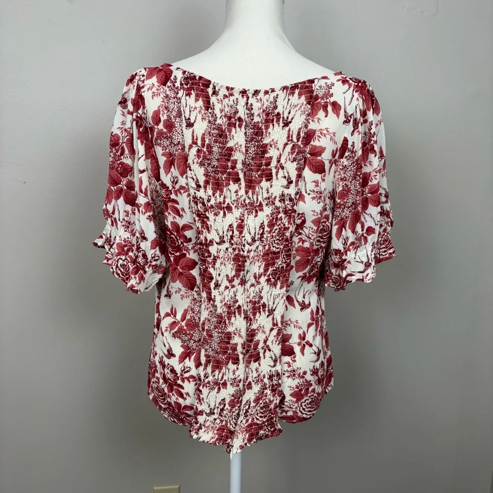 Reformation Top 18 Red Cream Delevan Sweetheart‎ Floral Puff Sleeve Blouse